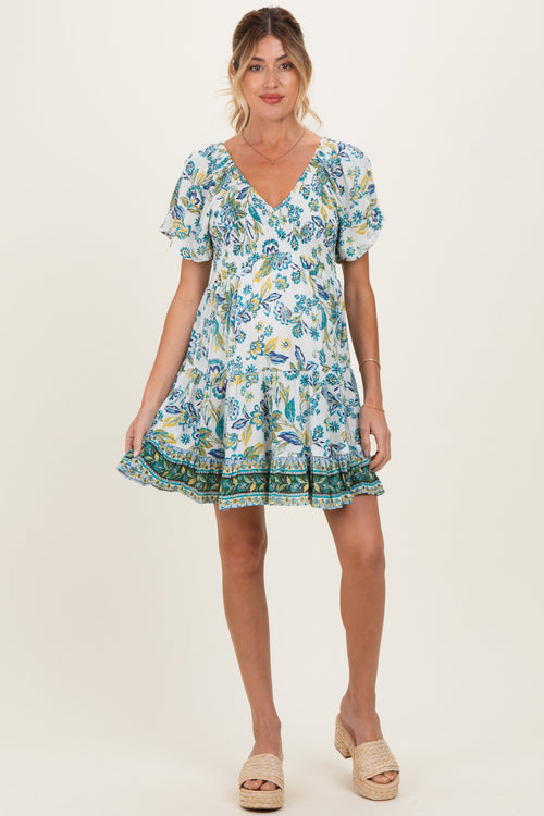Ivory V Neck Smocked Bodice Short Sleeve Maternity Dress