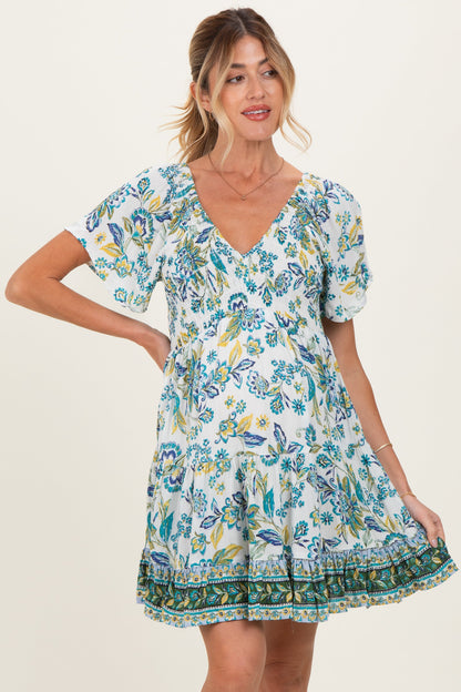 Ivory V Neck Smocked Bodice Short Sleeve Maternity Dress
