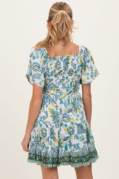 Ivory V Neck Smocked Bodice Short Sleeve Maternity Dress