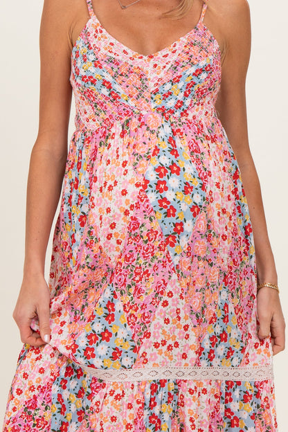 Pink Smocked Bust V Neck Lace Trim Maternity Maxi Dress