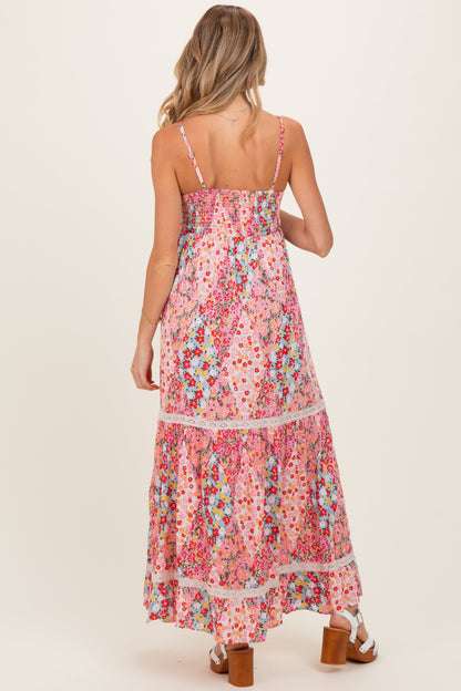 Pink Smocked Bust V Neck Lace Trim Maternity Maxi Dress