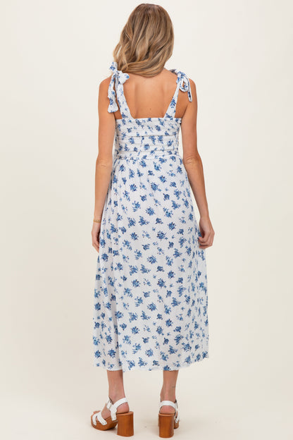 Ivory Smocked Bodice Tie Straps Floral Print Maternity Maxi Dress
