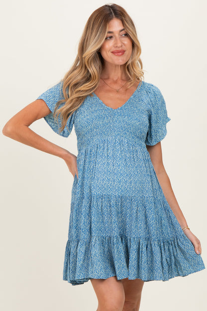 Blue V Neck Smocked Bust Short Sleeve Short Maternity  Dress