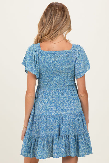 Blue V Neck Smocked Bust Short Sleeve Short Maternity  Dress