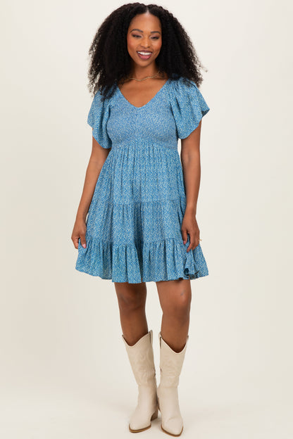 Blue V Neck Smocked Bust Short Sleeve Short Maternity  Dress