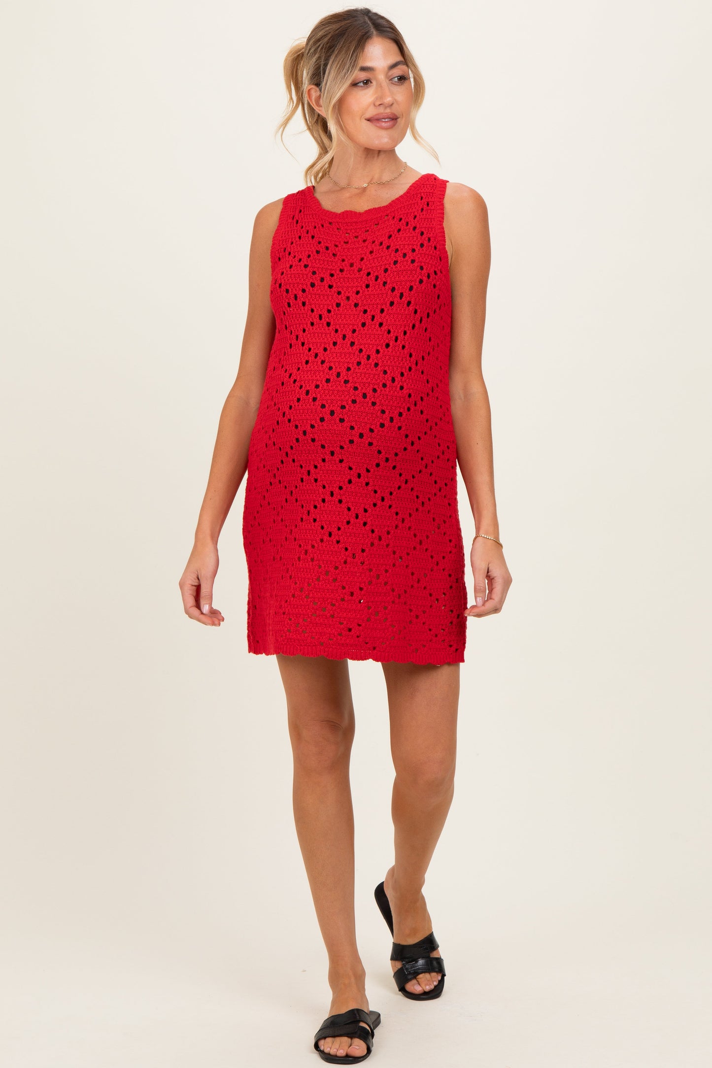 Red Boat Neck Sleeveless Crochet Maternity Dress