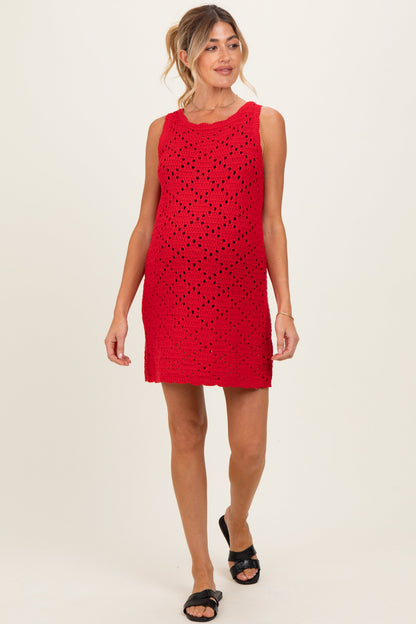 Red Boat Neck Sleeveless Crochet Maternity Dress