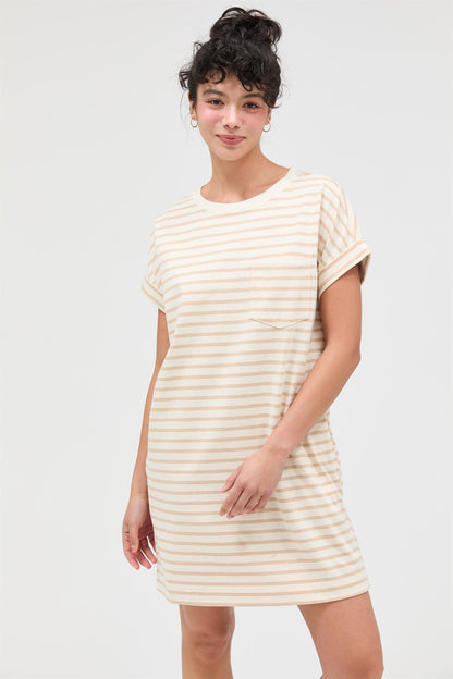 Taupe Striped Maternity T-Shirt Mini Dress