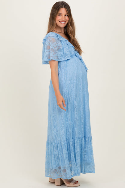 Light Blue Lace Flutter Sleeve Tiered Maternity Maxi Dress