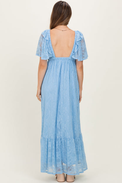 Light Blue Lace Flutter Sleeve Tiered Maternity Maxi Dress