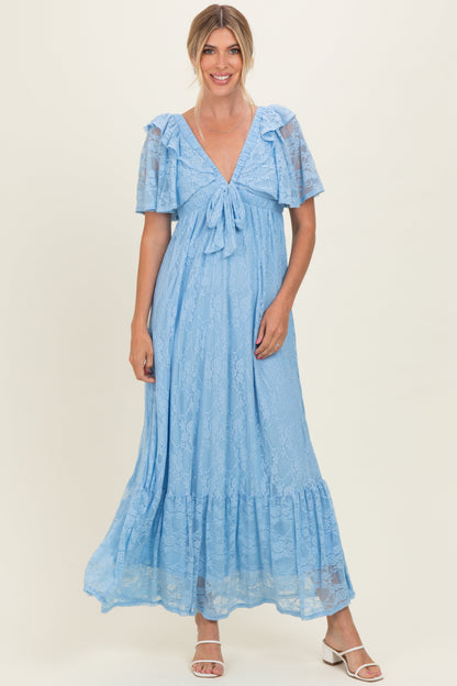 Light Blue Lace Flutter Sleeve Tiered Maternity Maxi Dress
