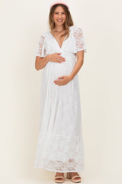 Ivory Lace Flutter Sleeve Tiered Maternity Maxi Dress