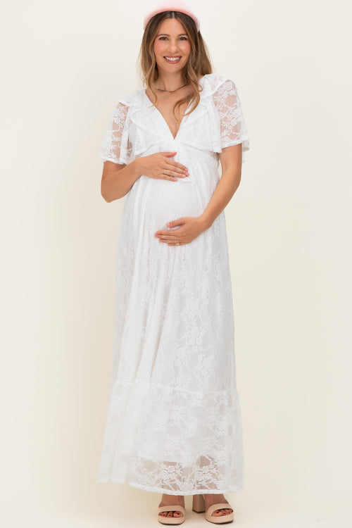 Ivory Lace Flutter Sleeve Tiered Maternity Maxi Dress