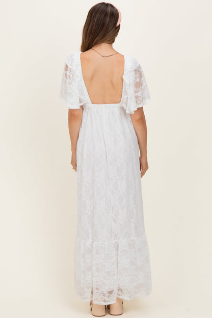 Ivory Lace Flutter Sleeve Tiered Maternity Maxi Dress