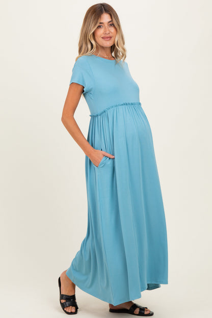 Capri Blue Ruffle Trim Maternity Maxi Dress