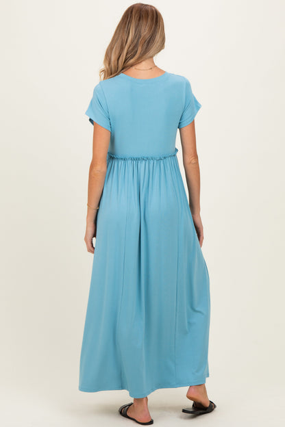 Capri Blue Ruffle Trim Maternity Maxi Dress