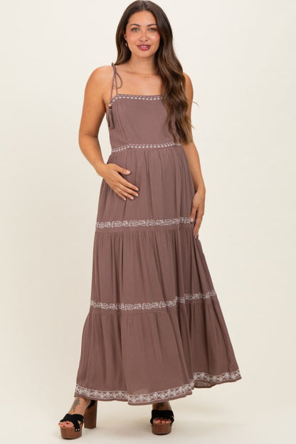 Brown Embroidered Tiered Maternity Maxi Dress