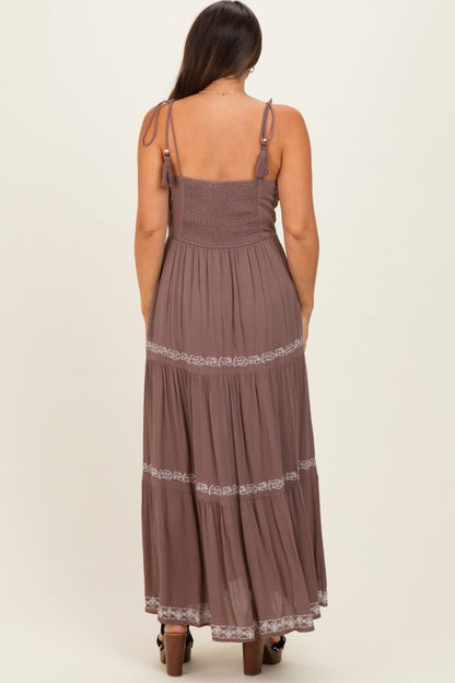 Brown Embroidered Tiered Maternity Maxi Dress
