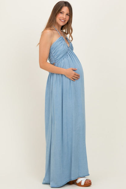 Light Blue Pleated V-Neck Maternity Maxi Dress