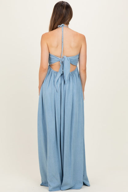 Light Blue Pleated V-Neck Maternity Maxi Dress