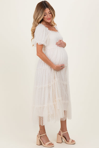 CreamTulle Puff Sleeve Smocked Maternity Midi Dress