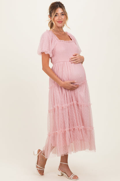 Light Pink Tulle Puff Sleeve Smocked Maternity Midi Dress