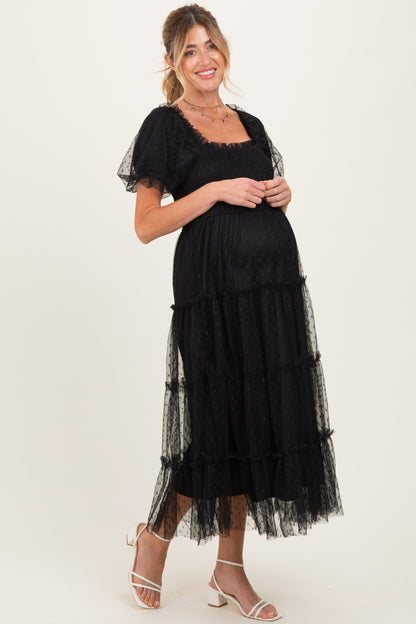 Black Tulle Puff Sleeve Smocked Maternity Midi Dress