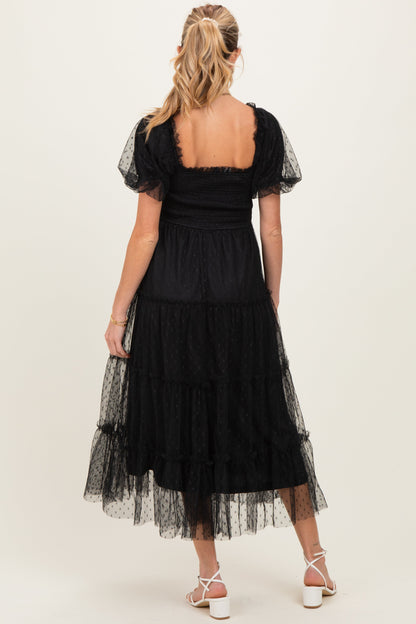 Black Tulle Puff Sleeve Smocked Maternity Midi Dress