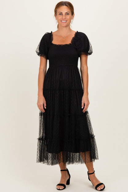 Black Tulle Puff Sleeve Smocked Maternity Midi Dress