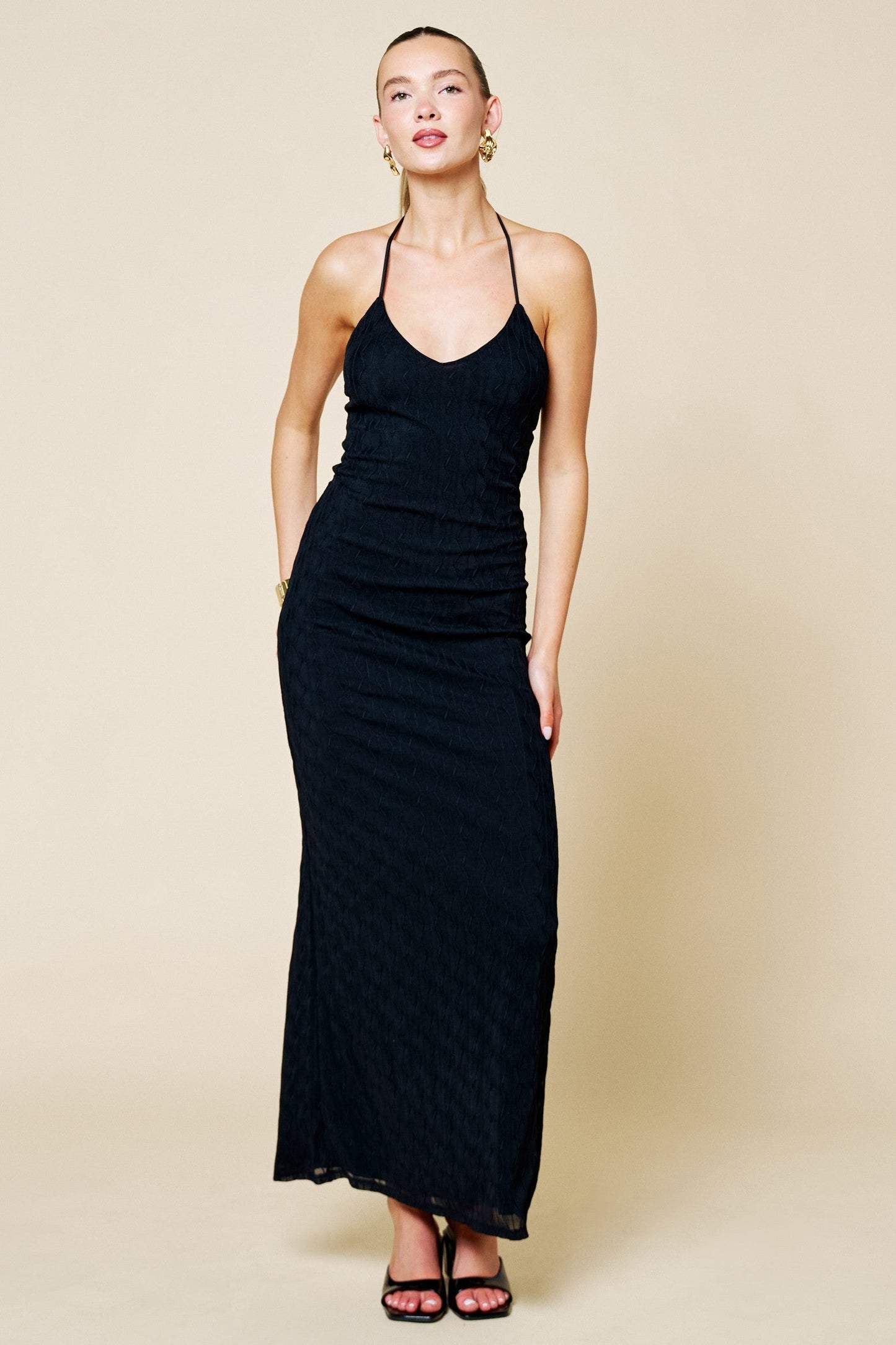 Black Halter Textured Knit Maternity Maxi Dress