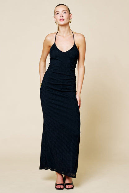 Black Halter Textured Knit Maternity Maxi Dress