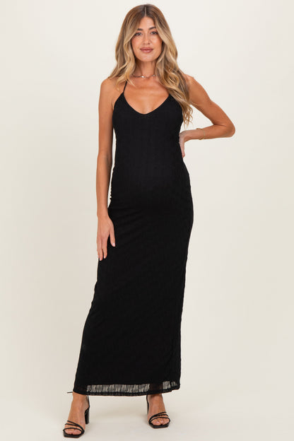 Black Halter Textured Knit Maternity Maxi Dress