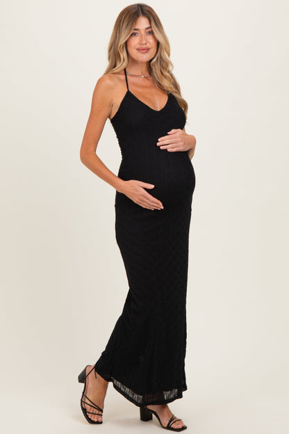 Black Halter Textured Knit Maternity Maxi Dress