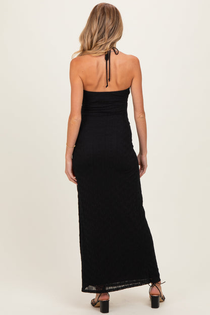 Black Halter Textured Knit Maternity Maxi Dress