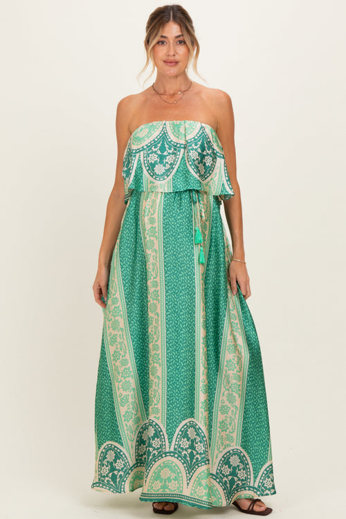 Green Printed Satin Flounce Strapless Maternity Maxi Dress