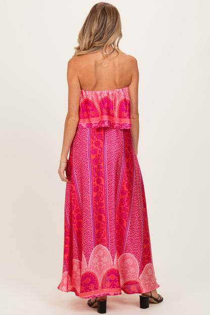 Fuchsia Printed Satin Flounce Strapless Maternity Maxi Dress