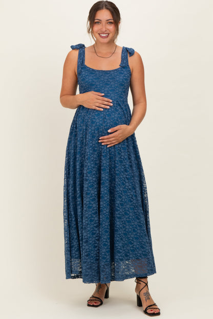 Blue Sleeveless Lace Maternity Maxi Dress