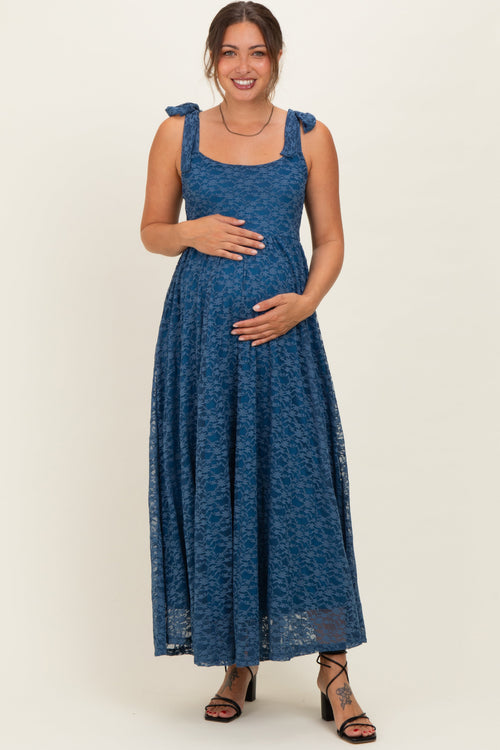 Blue Sleeveless Lace Maternity Maxi Dress