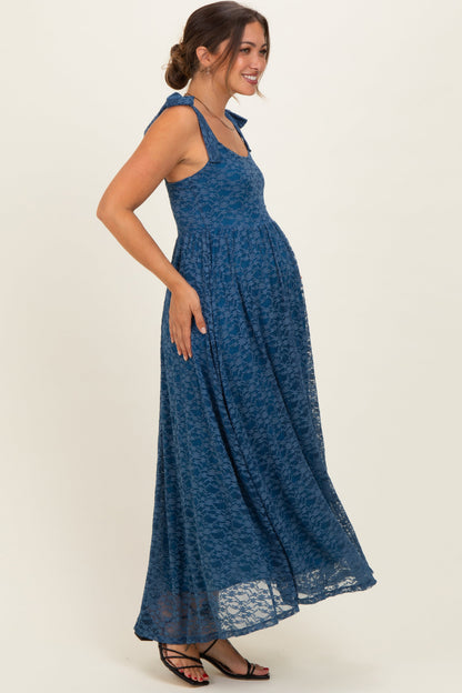 Blue Sleeveless Lace Maternity Maxi Dress