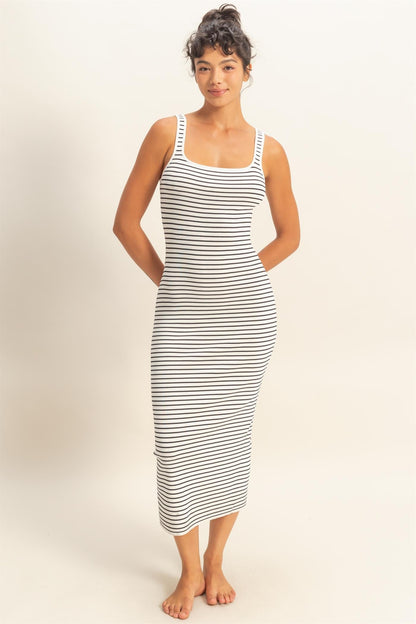 White Striped Fitted Maternity Midi Tank Dress