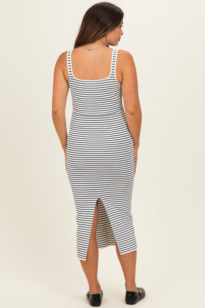 White Striped Fitted Maternity Midi Tank Dress