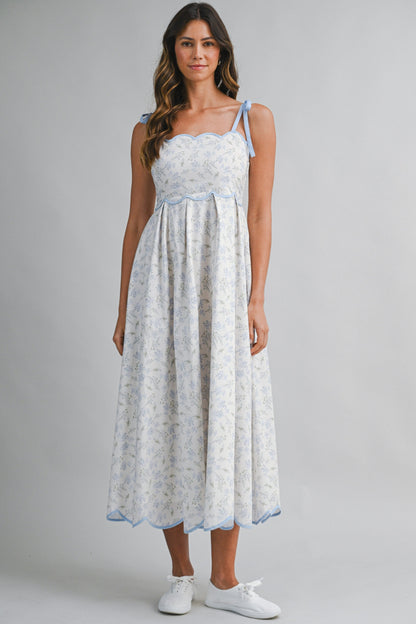Blue Floral Scallop Hem Shoulder Tie Maternity Midi Dress