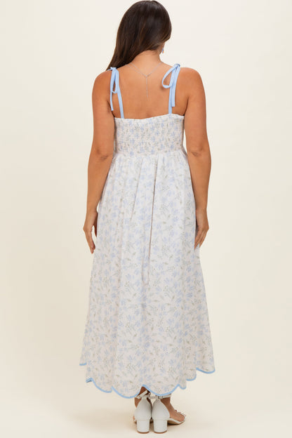 Blue Floral Scallop Hem Shoulder Tie Maternity Midi Dress