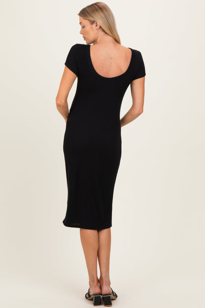 Black Ribbed Short Sleeve Maternity Midi Dress