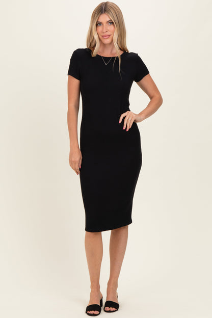 Black Ribbed Short Sleeve Maternity Midi Dress