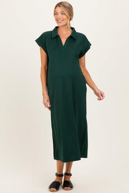 Hunter Green Collared Oversized Maternity Midi Dress