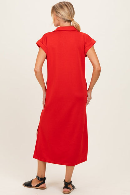 Tomato Red Collared Oversized Maternity Midi Dress