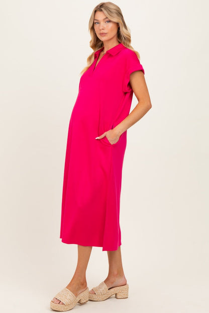 Fuchsia Collared Oversized Maternity Midi Dress