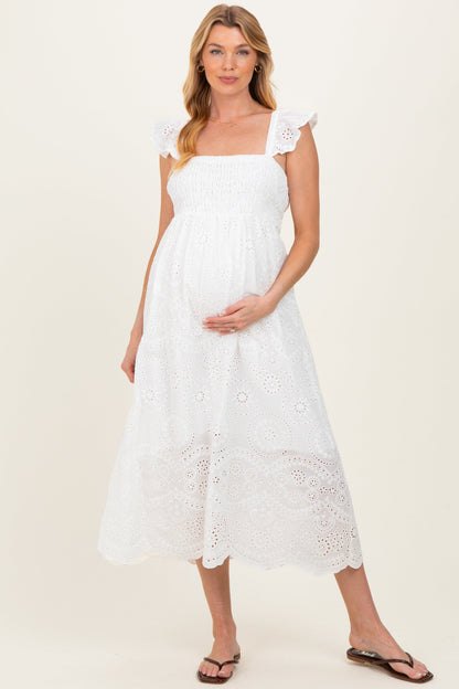 White Embroidered Smocked Cutout Maternity Midi Dress