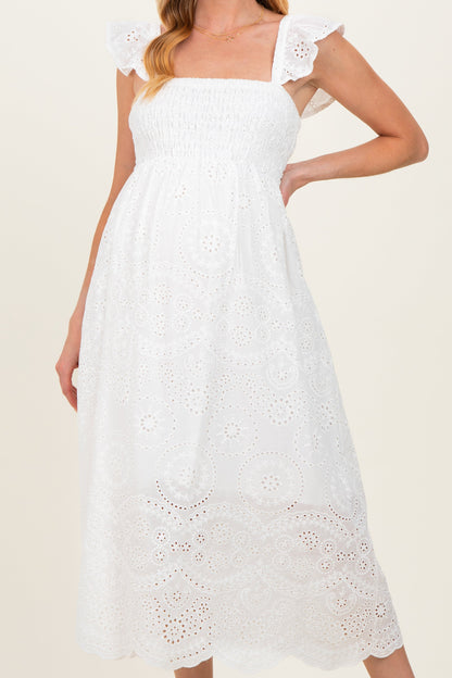 White Embroidered Smocked Cutout Maternity Midi Dress